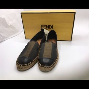 Fendi Black And Brown Espadrilles Canvas Wedges